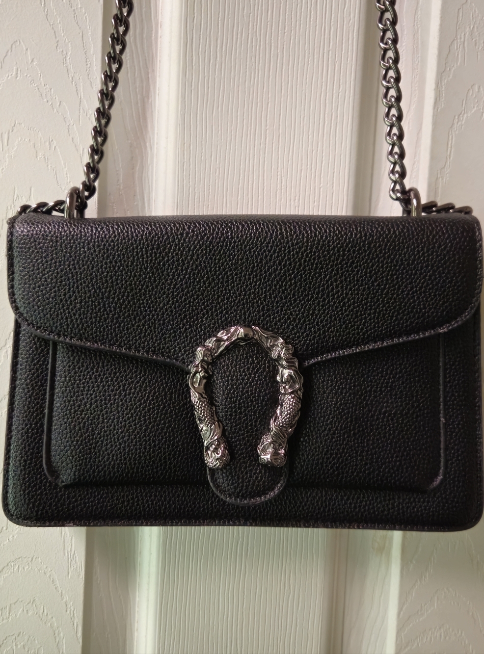 Black Pebble Leather Chain Shoulder Bag with Silver-Tone Hardware - Picture 2 of 12